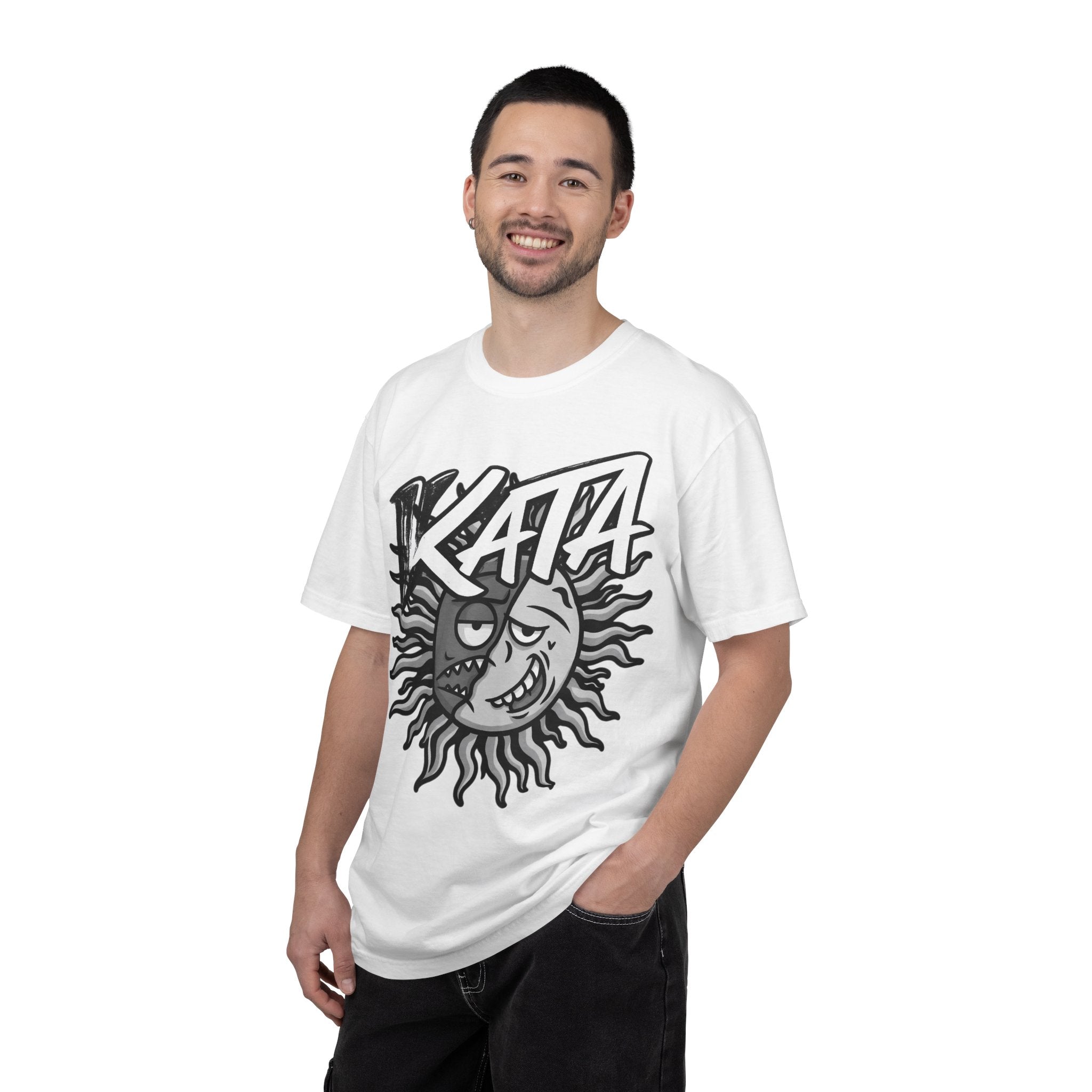 Sun-Moon Graphic T-Shirt with 'KATA' Logo — Retro Skate Vibe