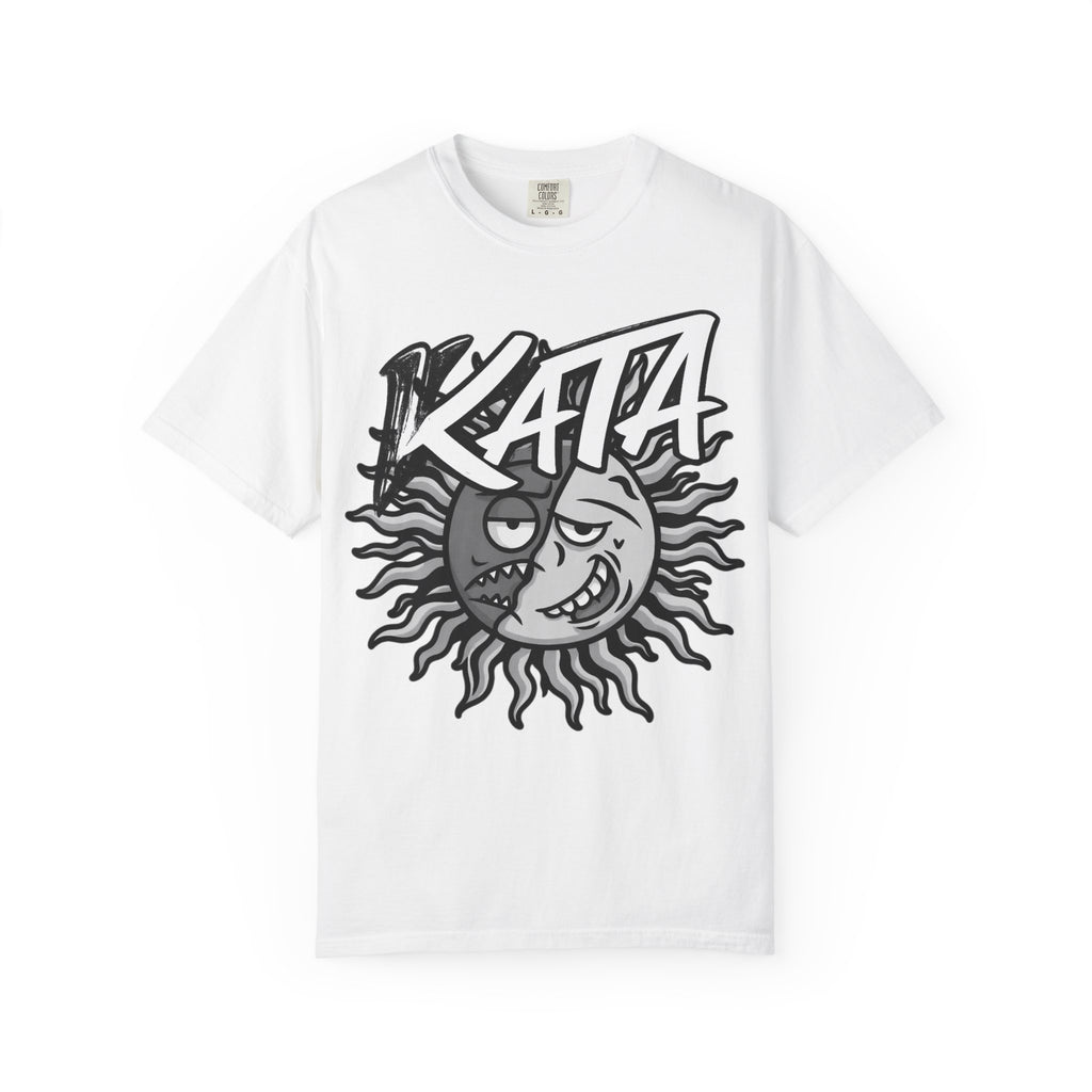 Sun-Moon Graphic T-Shirt with 'KATA' Logo — Retro Skate Vibe