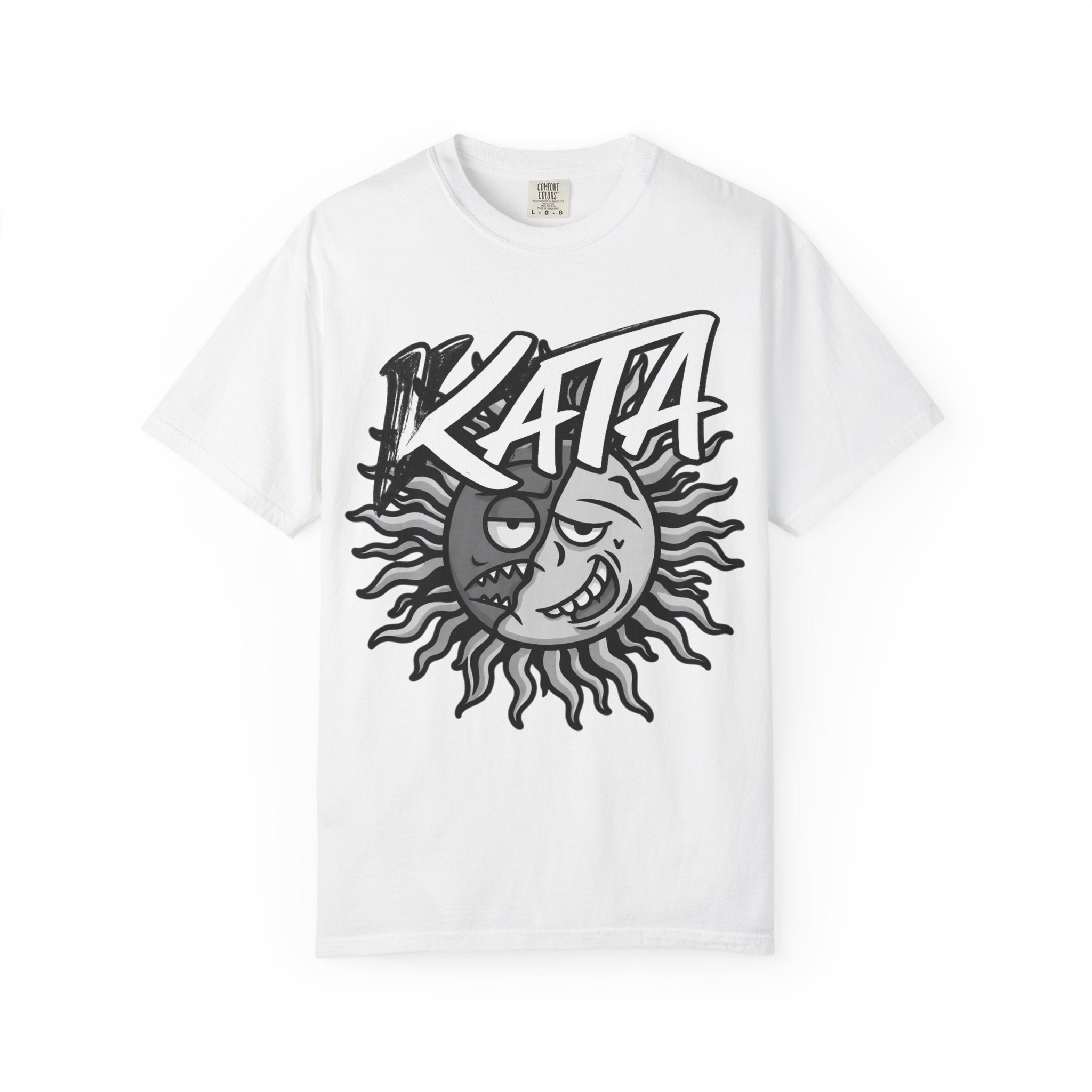 Sun-Moon Graphic T-Shirt with 'KATA' Logo — Retro Skate Vibe