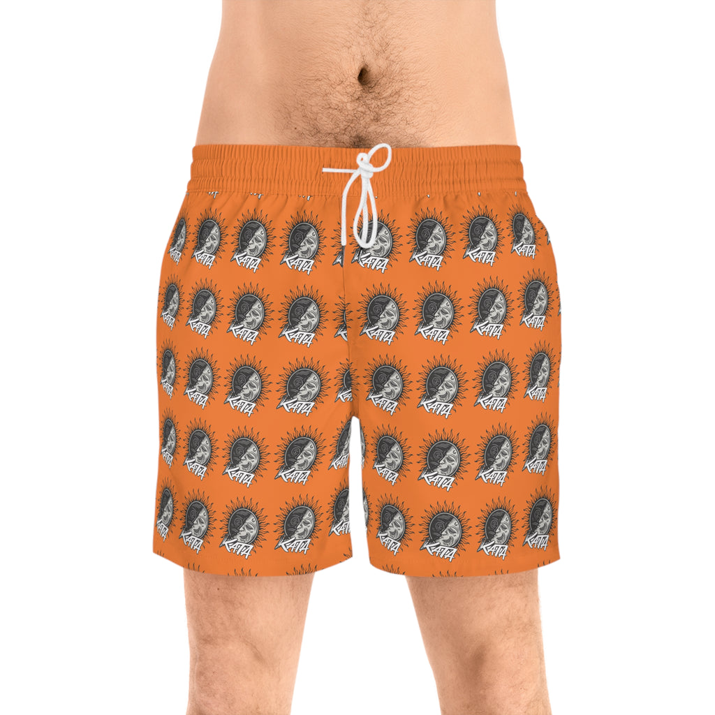 Men's Swim Shorts — Orange All-Over Retro Skull Pattern