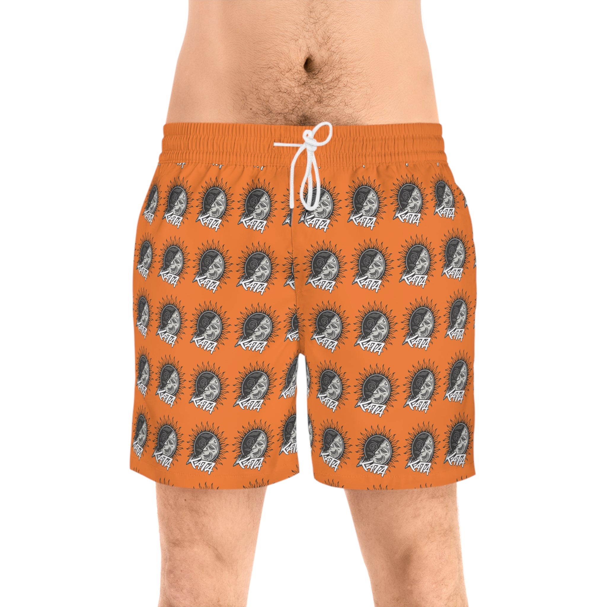Men's Swim Shorts — Orange All-Over Retro Skull Pattern