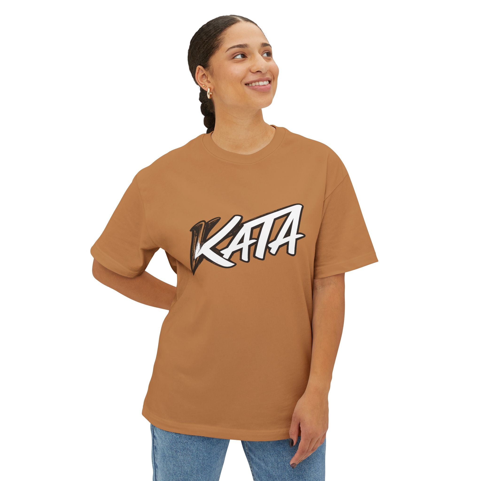 Kata Graphic Tee — Oversized Boxy Pink T-Shirt with Bold Brush Logo